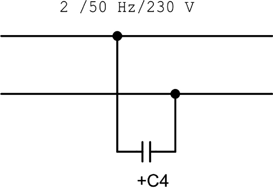 Diagram of an electrical circuit featuring a capacitor labeled "+C4" connected in parallel between two horizontal lines. The circuit is marked with "2 / 50 Hz / 230 V" at the top, indicating frequency and voltage specifications.