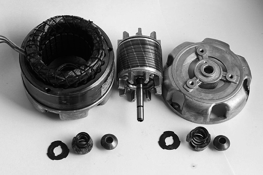 Disassembled electric motor components arranged on a surface. The image shows the stator on the left, the rotor with a shaft in the center, and the end cap on the right. Below these parts are several washers and nuts. The components are metallic and appear to be part of a mechanical or engineering context.