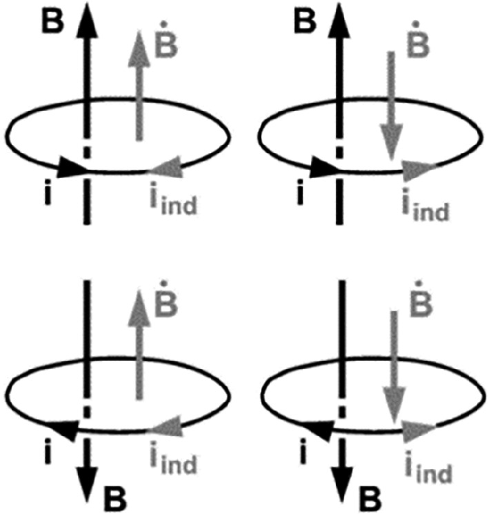 Diagram illustrating electromagnetic induction with four circular loops. Each loop has a magnetic field (B) and an induced current (<span class=