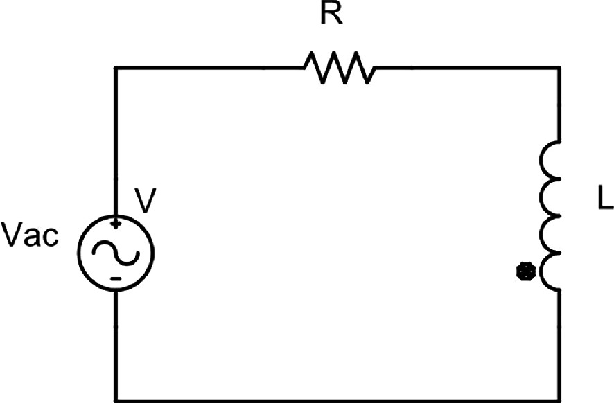 A simple circuit diagram showing an AC voltage source labeled "Vac" connected in series with a resistor labeled "R" and an inductor labeled "L". The circuit forms a closed loop, with the voltage source symbolized by a circle with a sine wave inside, indicating alternating current.