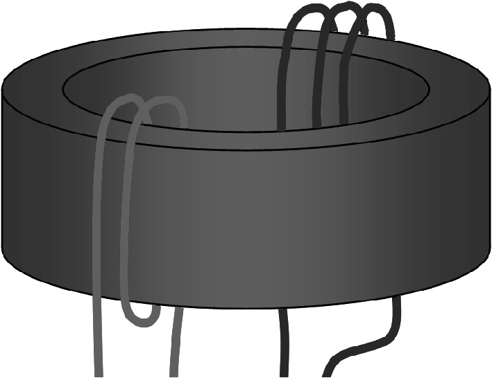 A toroidal inductor with multiple wires wrapped around its circular core, illustrating a component commonly used in electronic circuits for inductance. The wires are shown entering and exiting the core, demonstrating the winding process.