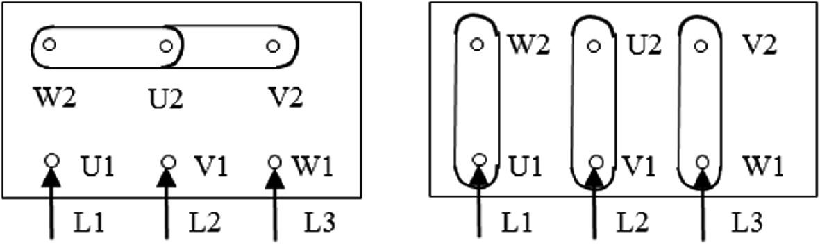 Diagram showing two circuit configurations. The left panel illustrates a parallel connection with terminals W2, U2, and V2 connected horizontally, and U1, V1, and W1 connected to lines L1, L2, and L3 respectively. The right panel shows a series connection with terminals W2, U2, and V2 connected vertically, each linked to U1, V1, and W1, which are also connected to lines L1, L2, and L3. Arrows indicate the direction of connections.