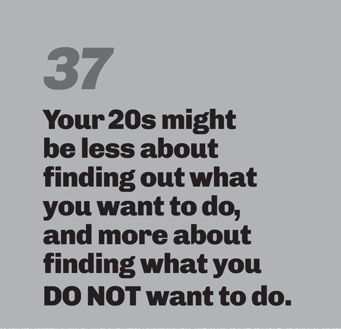 A light gray background with a large gray number 37 in the top left. Bold, black sans-serif text reads: “Your 20s might be less about finding out what you want to do, and more about finding what you DO NOT want to do.”