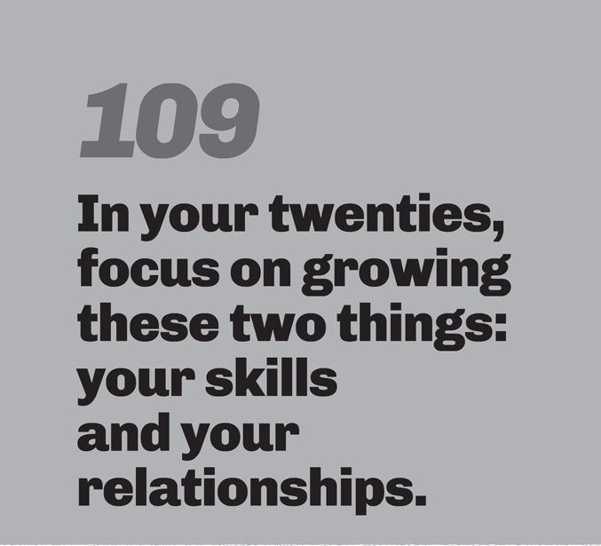 A minimalist graphic on a gray background. In the top left, the number “109” is in a slanted, medium-gray font. Below in bold black text is the quote: “In your twenties, focus on growing these two things: your skills and your relationships.”