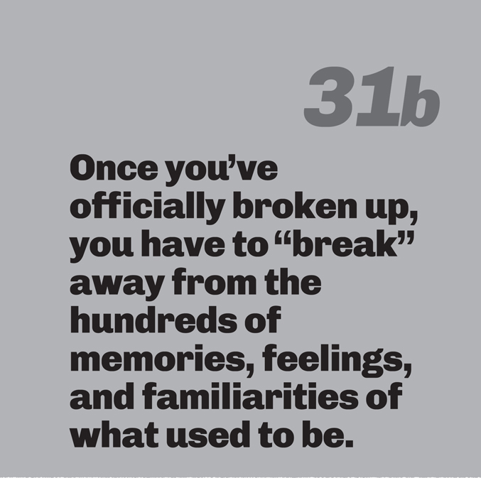 A light gray background with a large gray number 31b in the top right. Bold, black sans-serif text reads: “Once you’ve officially broken up, you have to “break” away from the hundreds of memories, feelings, and familiarities of what used to be.”