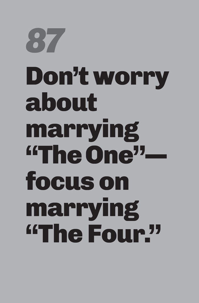 A minimalist graphic on a gray background. In the top left, the number “87” is in a slanted, medium-gray font. Below in bold black text is the quote: “Don’t worry about marrying “The One”—focus on marrying “The Four.”“