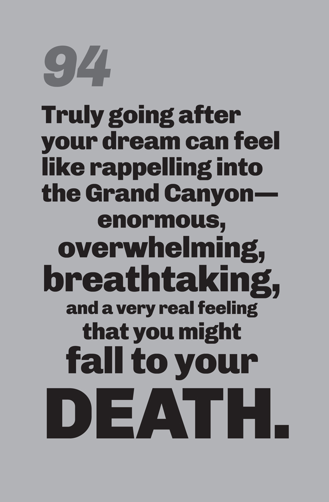 A minimalist graphic on a gray background. Below in bold black text is a quote about pursuing dreams, with the word “DEATH” in a significantly larger, high-impact font at the bottom.